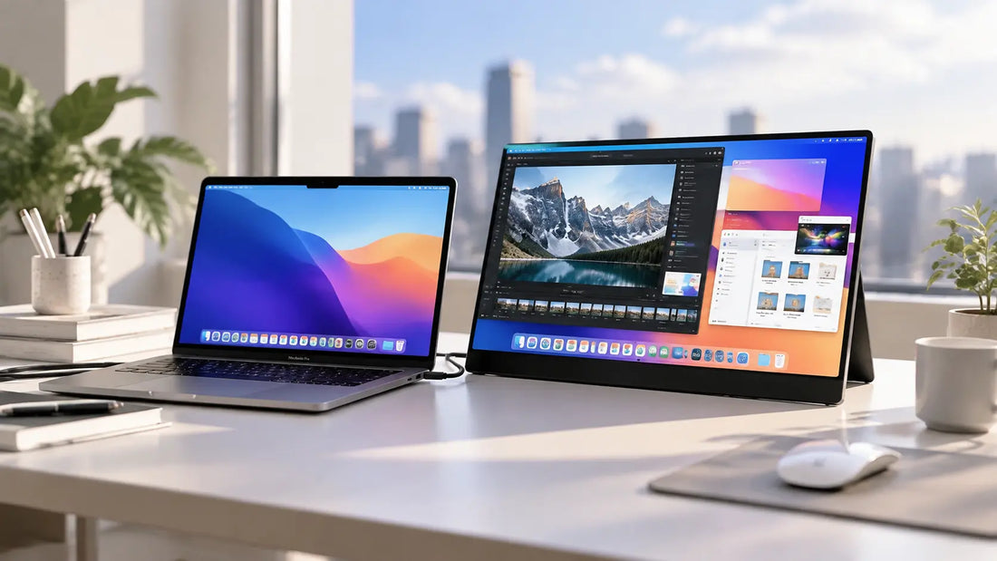 Configuration double écran Mac avec un MacBook et un écran portable affichant des contenus différents pour améliorer la productivité.