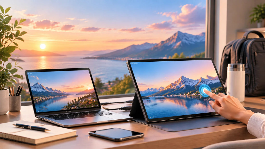 Écran tactile portable 15,6 pouces connecté à un ordinateur portable sur un bureau, avec une main interagissant directement avec l’écran.